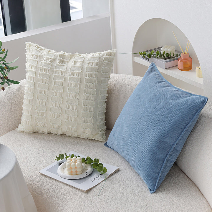 Square pillowcase with woven rectangular relief and frayed texture Bowlift