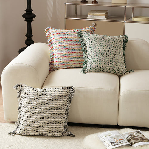 Boho-woven decorative pillow set with cylinder roll and square fringe cover