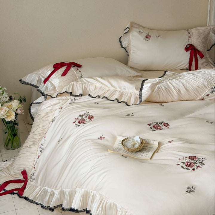 Satin-Effect Floral Embroidered Ruffled Duvet Cover Set