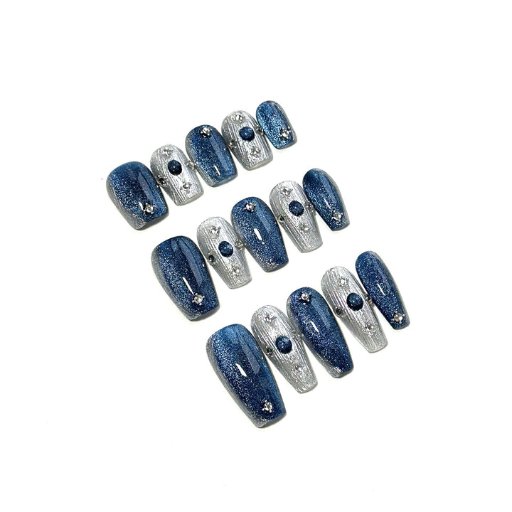 Decorative Press-On Nail Art Set with Glittering Silver Accents