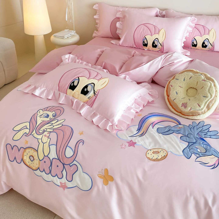 Cartoon Pony Ruffled Satin Duvet Cover Bedding Set