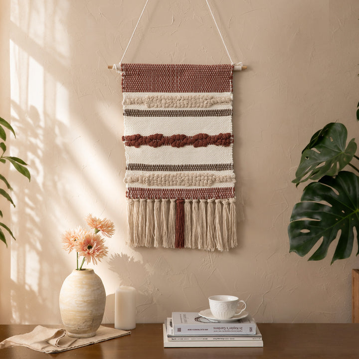 Boho Wall Hanging Macrame with Hand-Knotted Fringes and Woven Cable Patterns Bowlift