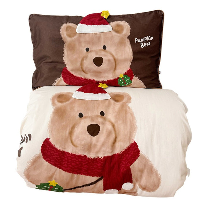 Kids' duvet cover set with cuddly plush appliqué and teddy bear pumpkin motif