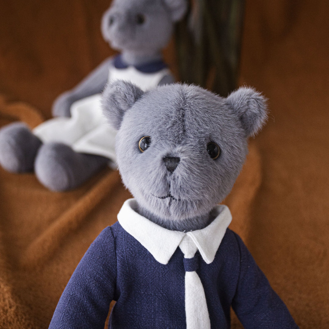 Plush Teddy Bear with Linen Dress and Peter Pan Collar