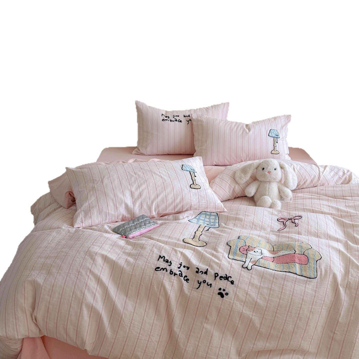 Embroidered Cotton Duvet Cover Set with Cute Bear Patchwork