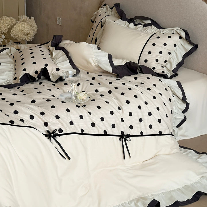 Polka Dot Ruffled Cotton Duvet Cover Set with Decorative Bows