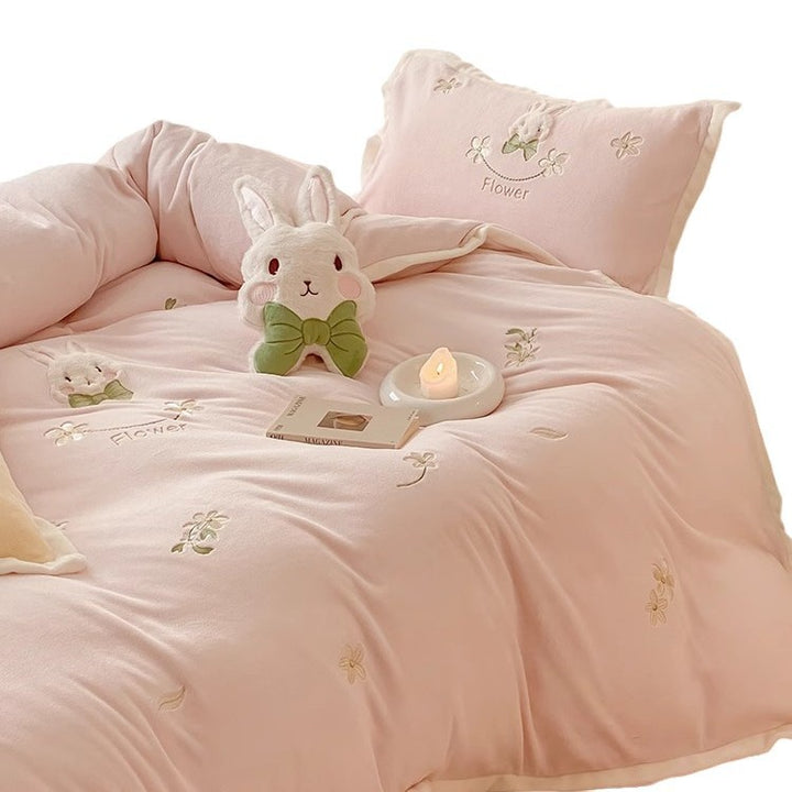 Embroidered Plush Bunny Comforter Bedding Set with Decorative Pillow Shams
