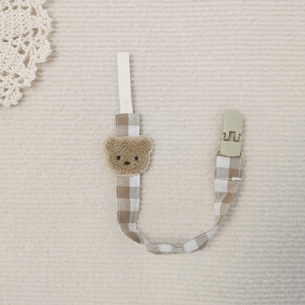 Cotton Gingham Pacifier Clip with Plush Bear Applique and Quick-Release Safety Clip