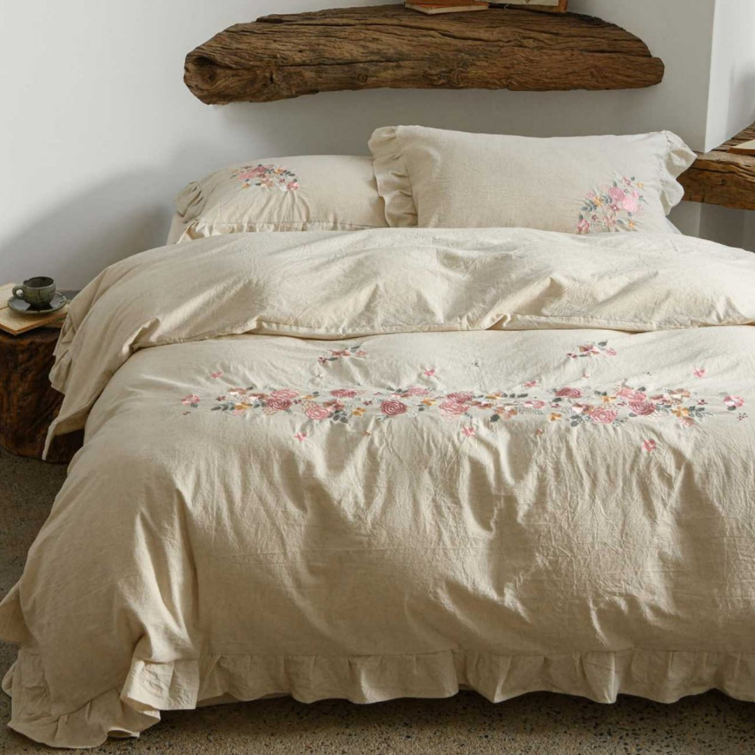 Embroidered Ruffled Cotton Duvet Cover Set