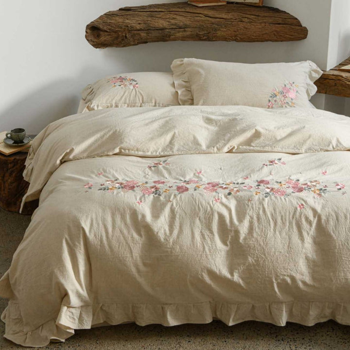 Embroidered Ruffled Cotton Duvet Cover Set