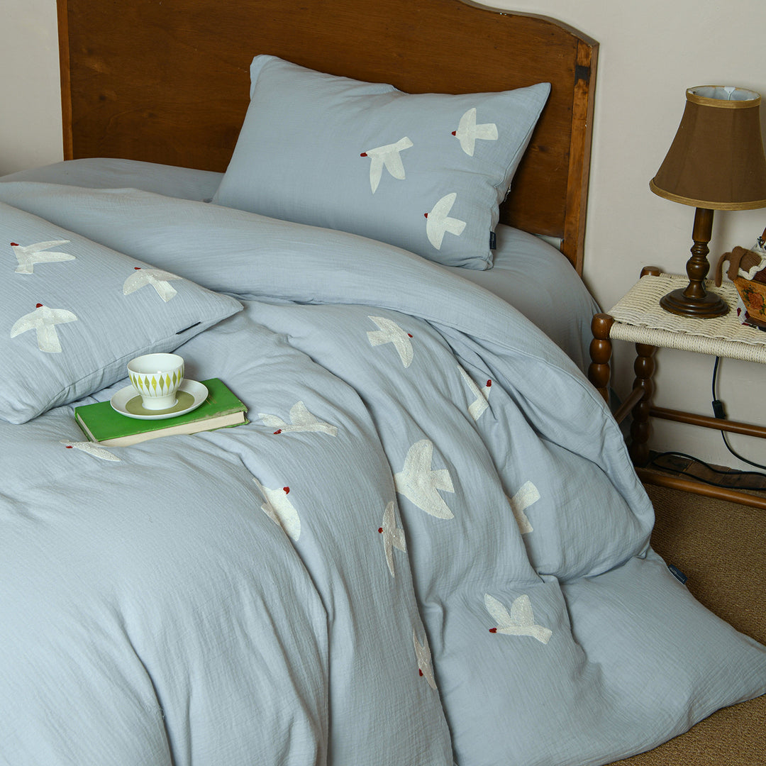 Washed Cotton Muslin Embroidered Bird Duvet Cover Set