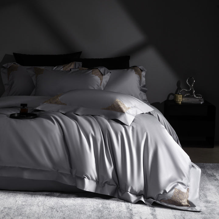 Luxurious cotton satin bedding set with fine lace embroidery