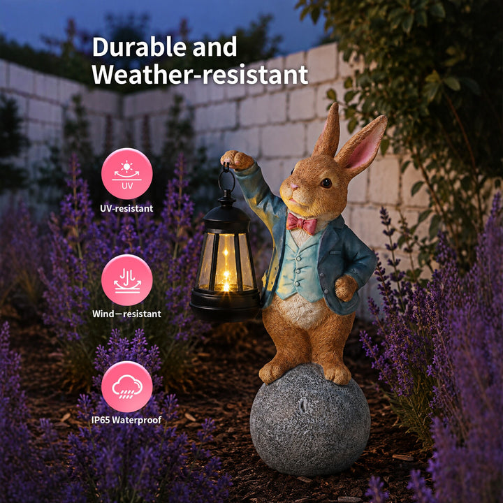 Decorative Resin Garden Rabbit Figurine with Lantern and Stone Base Bowlift