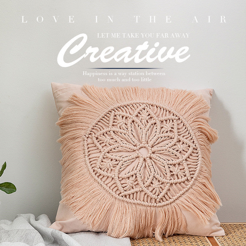 Decorative macrame pillow cover with mandala application and fringes Bowlift