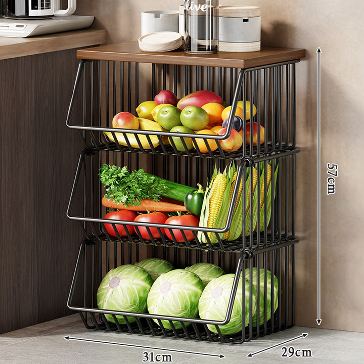 Slim Rolling Kitchen Wire Basket Pantry Organizer with Wooden Top