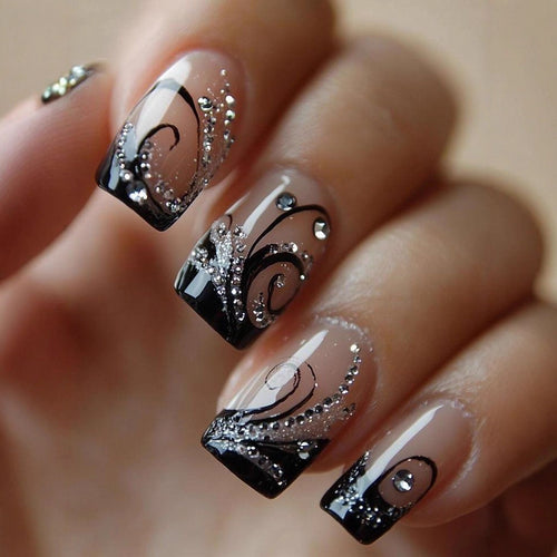 Artificial nails with elegant black and glitter pattern Bowlift