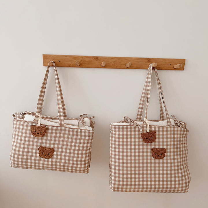 Hanging Nursery Storage Organizer Bags with Gingham Pattern and Bunny Appliqué Wall Pockets