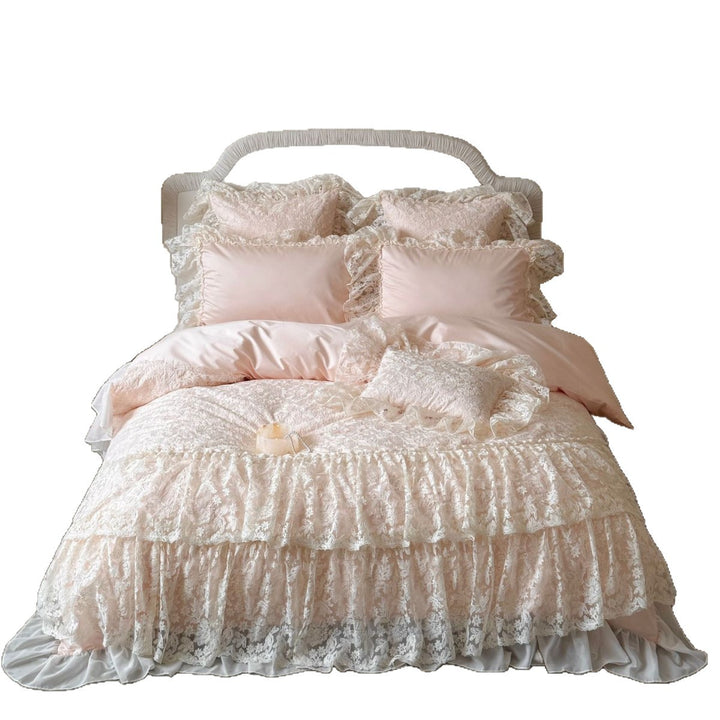 Victorian lace bedding set with layered ruffles and satin lining