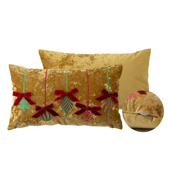 Rectangular velvet cushion cover with embroidered Christmas ornaments Bowlift