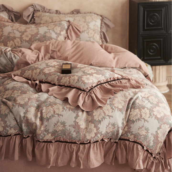 Ruffled Floral Jacquard Duvet Cover Set