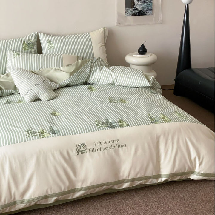 Striped duvet cover set with tree embroidery and concealed zipper