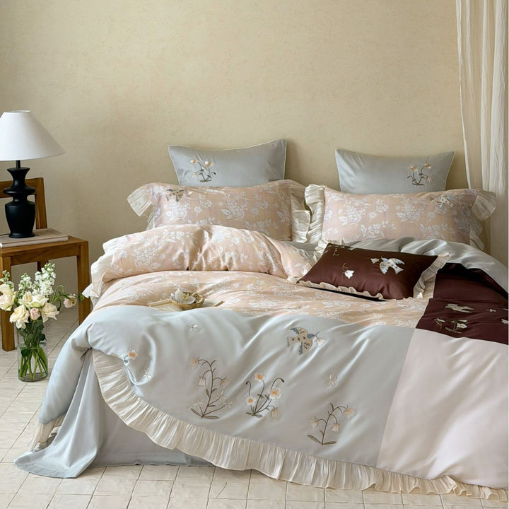 Satin-Blend Botanical Embroidered Duvet Cover Set with Ruffled Hem and Contrast Panel
