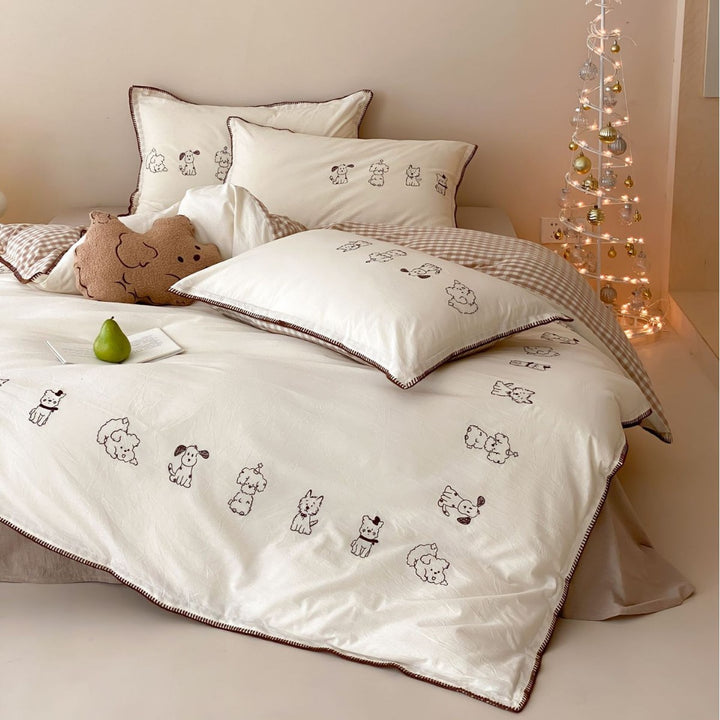 Cotton Duvet Cover Set with Dog Sketch Embroidery and Piped Edge