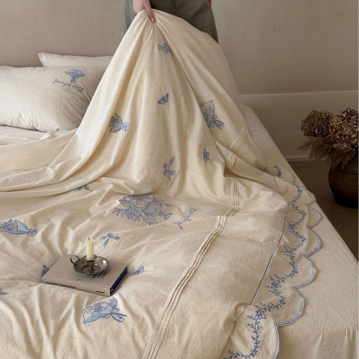 Embroidered Scalloped-Edge Cotton-Linen Duvet Cover Set