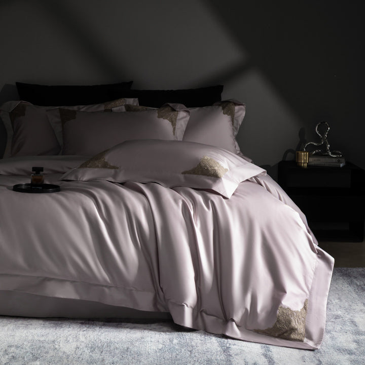 Luxurious cotton satin bedding set with fine lace embroidery