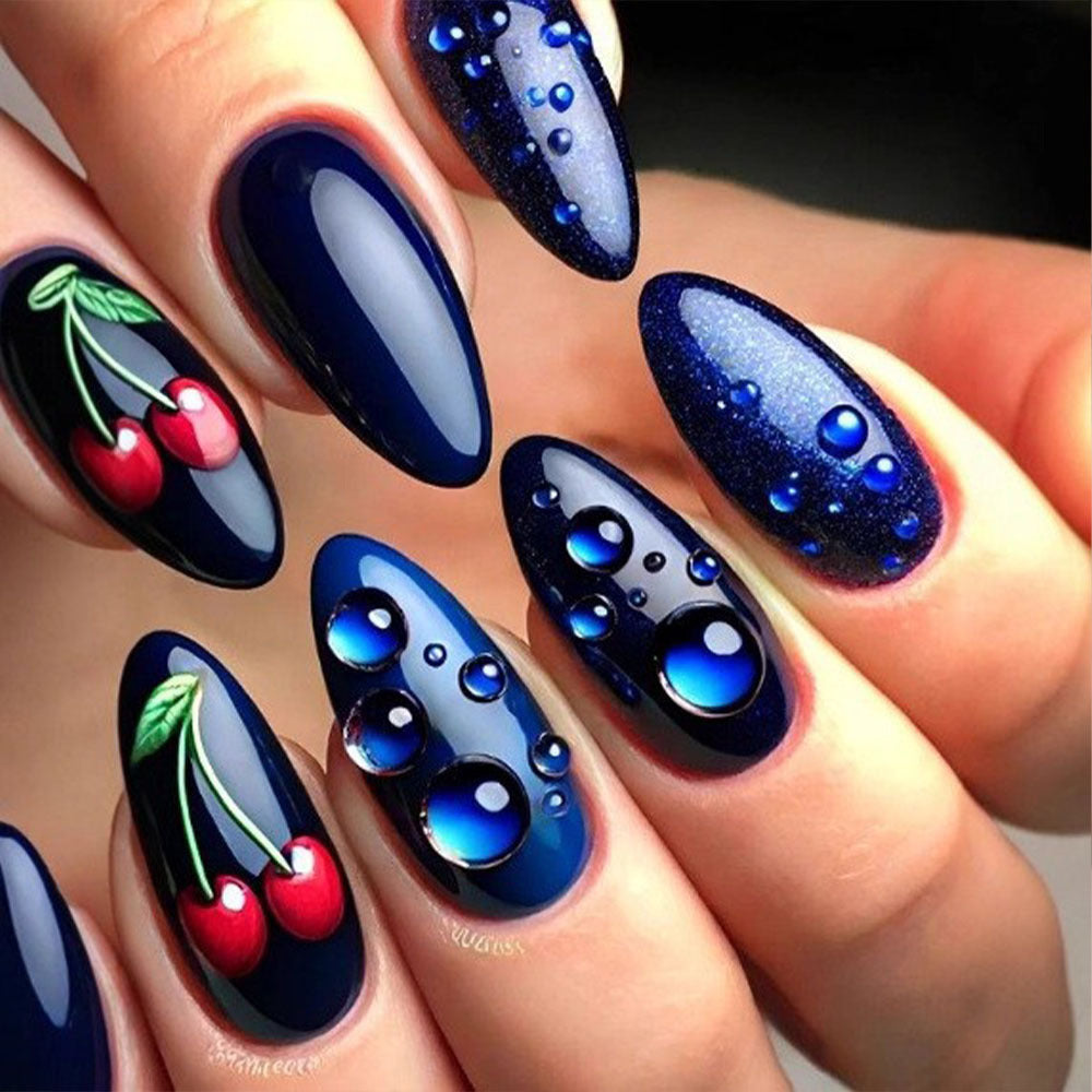 Elegant artificial nails with cherry and water drop design Bowlift