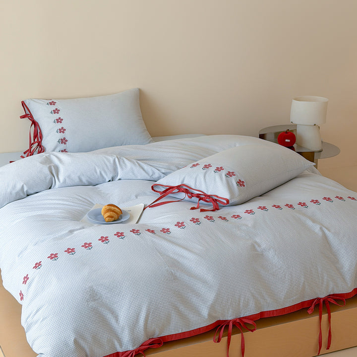 Embroidered Cotton Duvet Cover Set with Decorative Tie Bows