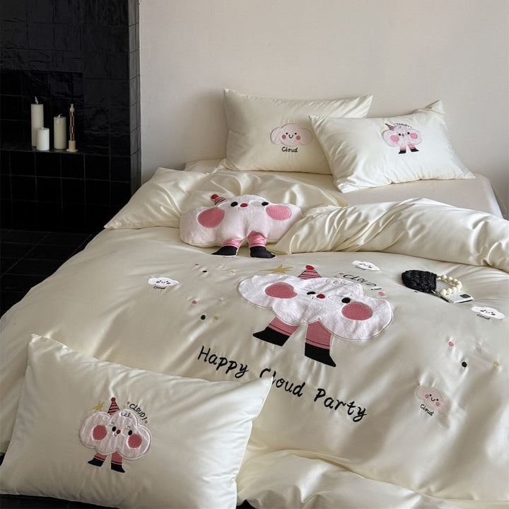 Luxury Satin Embroidered Cartoon Cloud Duvet Cover Set