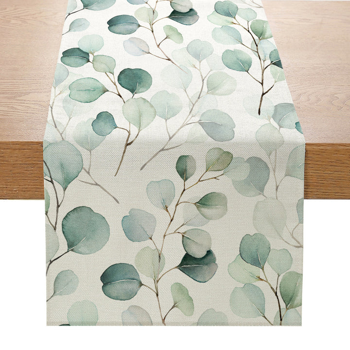Linen-Texture Watercolor Eucalyptus Rectangular Table Runner