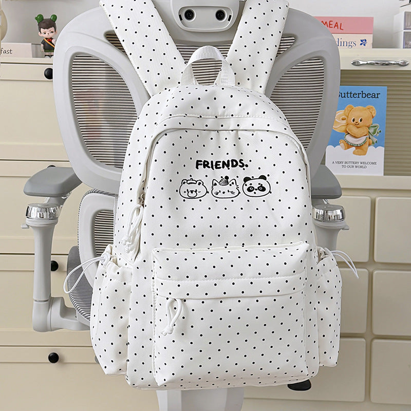 Playful Polka Dot Backpack with Cute Character Accents Bowlift