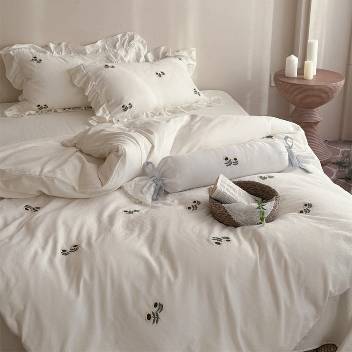 Embroidered Floral Ruffle Cotton Duvet Cover Set