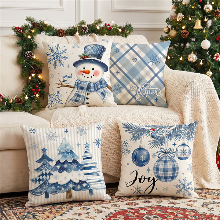 Square Cotton-Linen Winter Plaid Throw Pillow Cover with Snowflake Script