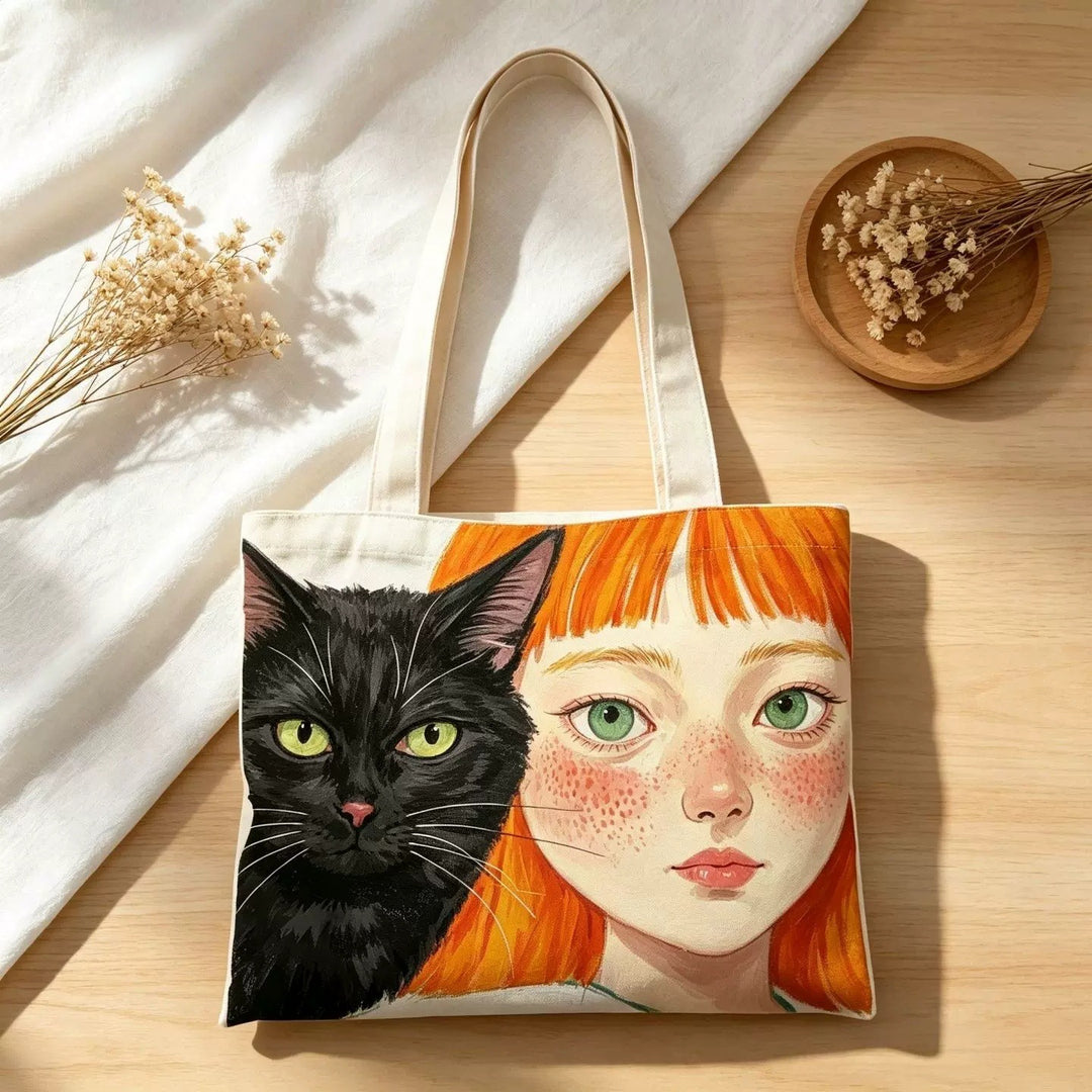 Illustrated Cat and Boy Canvas Tote Bag