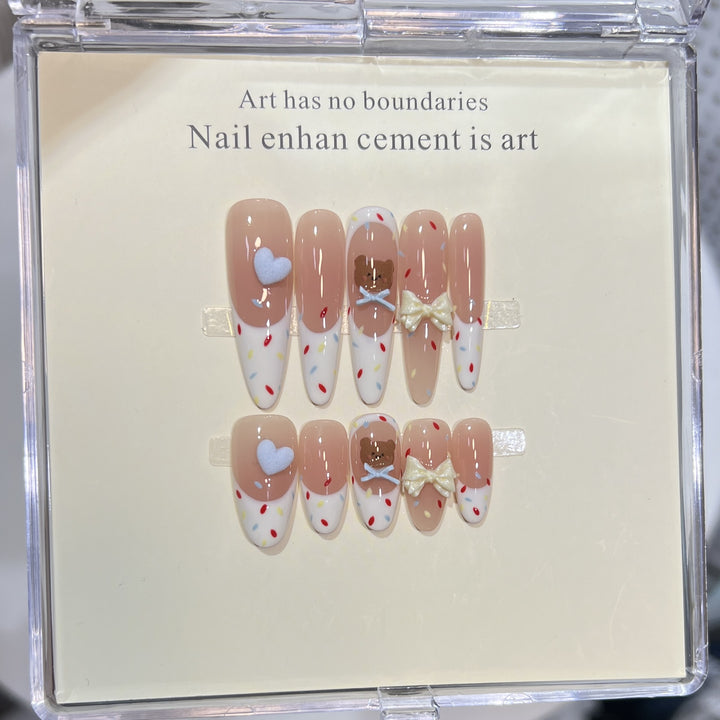Artistic Press-On Nail Set with Cute Bear and Heart Designs