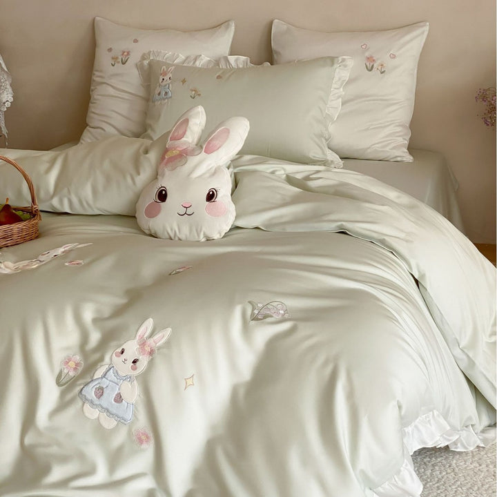 Embroidered Ruffled Bedding Set with Plush Character Pillow