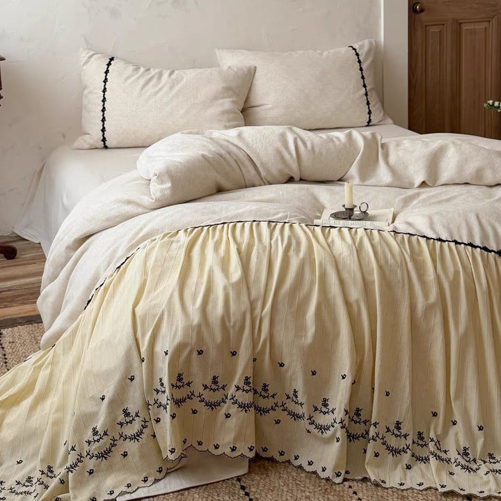 Ruffled Pleated Embroidered Duvet Cover Set with Decorative Skirt