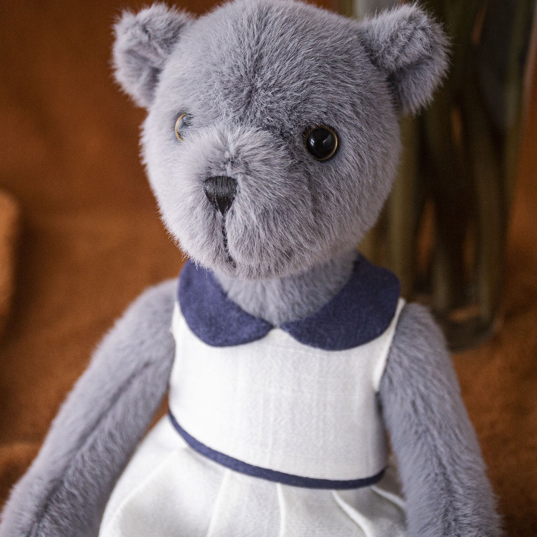 Plush Teddy Bear with Linen Dress and Peter Pan Collar