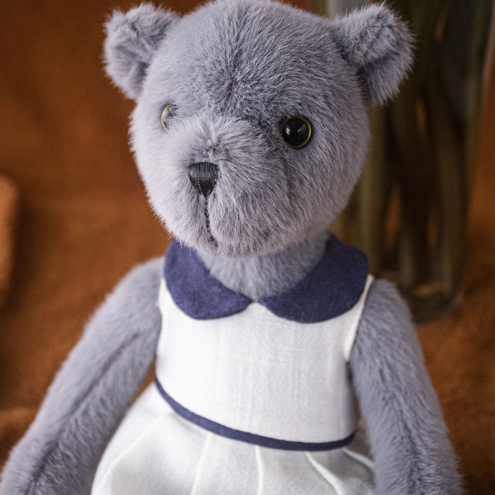Plush Teddy Bear with Linen Dress and Peter Pan Collar