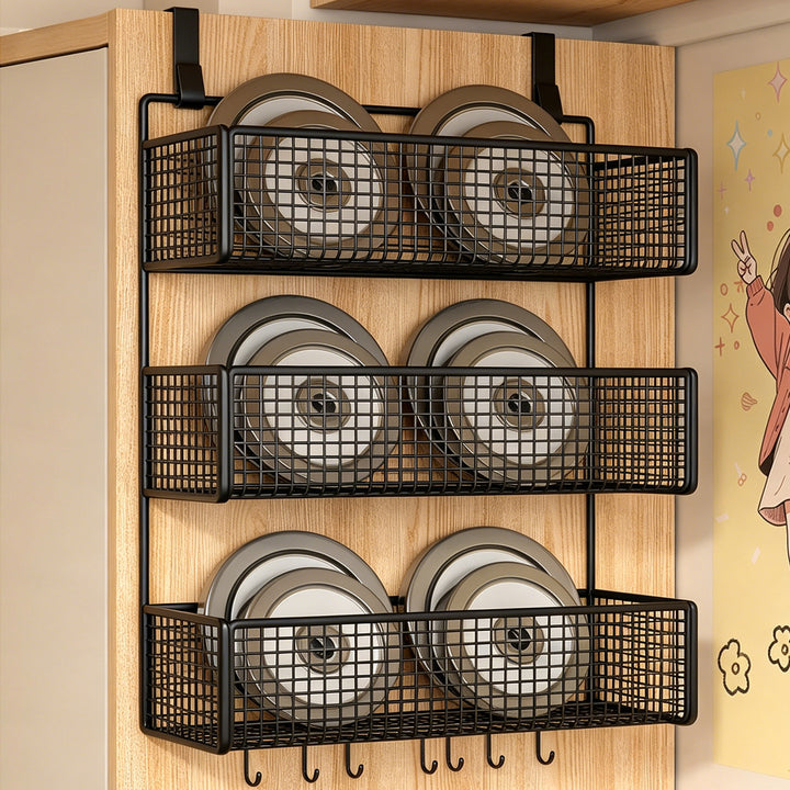 Stacked Mesh Grid Storage Baskets with Over-Shelf Hooks for Pantry Bathroom Kitchen