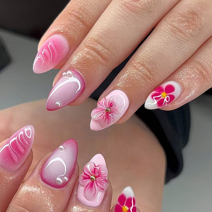 Artificial nails with floral design and 3D flowers Bowlift