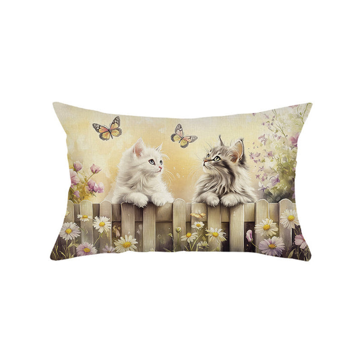 Decorative Rectangular Cotton-Linen Pillow Cover with Kitten Garden Illustration
