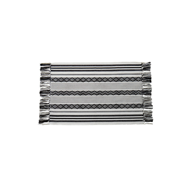 Flat-woven cotton runner with fringes and graphic ethnic stripe pattern Bowlift
