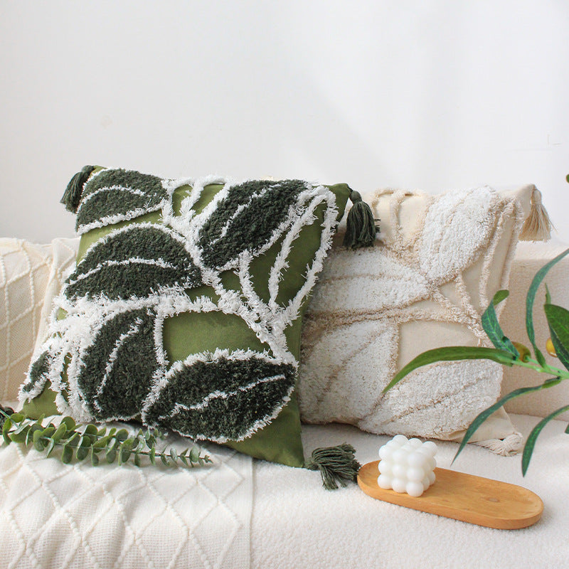 Square cushion cover with relief leaf tufting and chenille application Bowlift