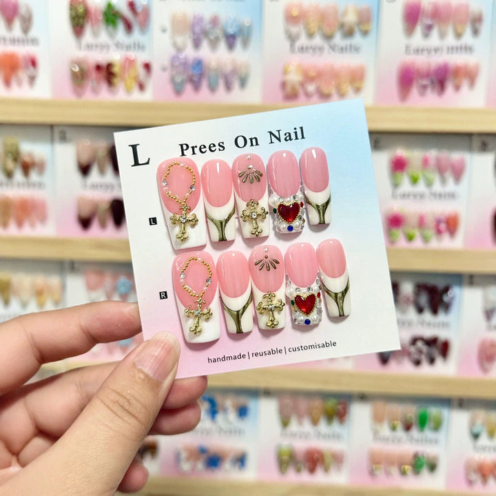 Decorative Press-On Nail Set with Customizable Metallic Accents