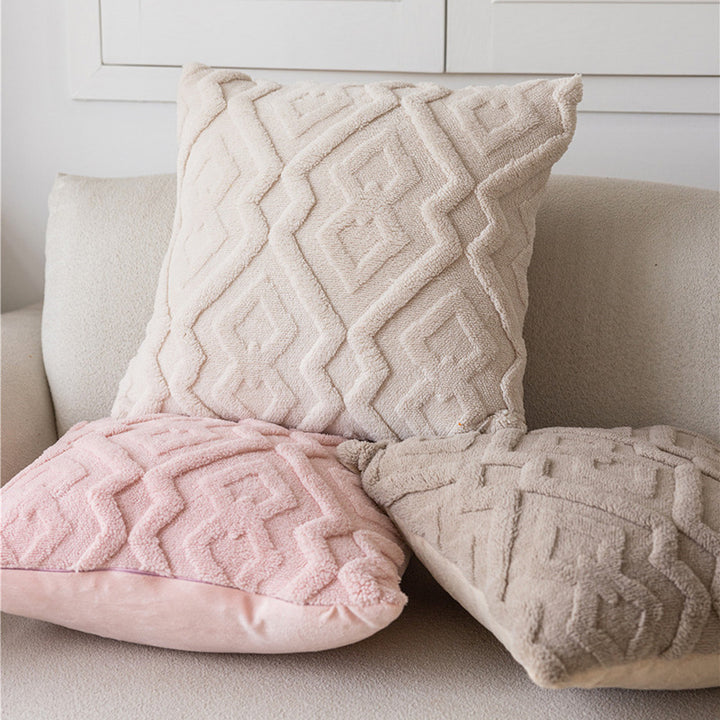 Hand-Tufted Diamond Geometric Chenille Square Cushion Cover with Plush Looped Texture
