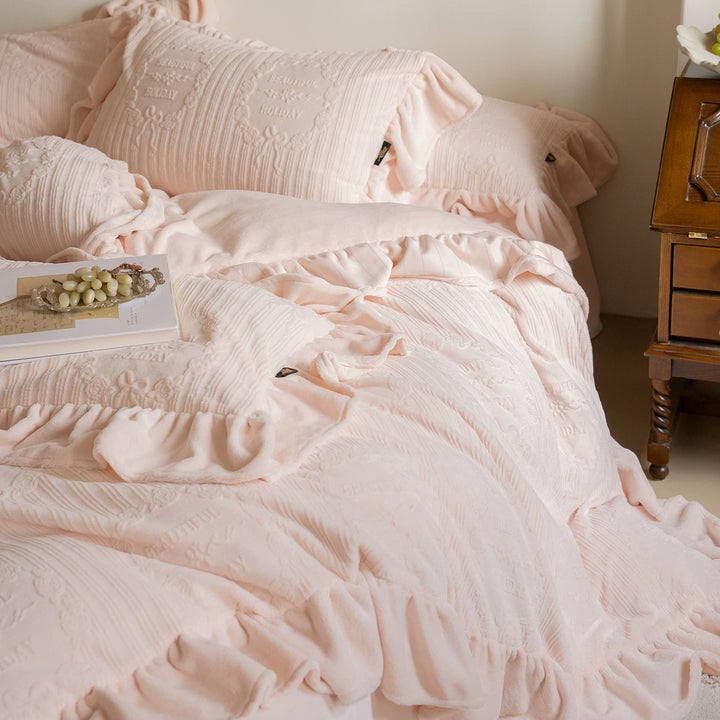 Soft Crinkle Jacquard Cotton Linen-Blend Ruffled Duvet Cover Set